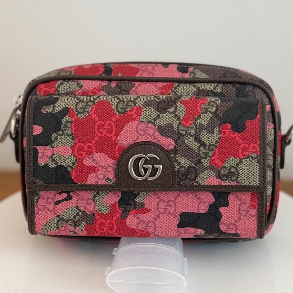 Gucci GG Supreme Pink Camouflage Mini Bag 855449 Crossbody Brown Trim